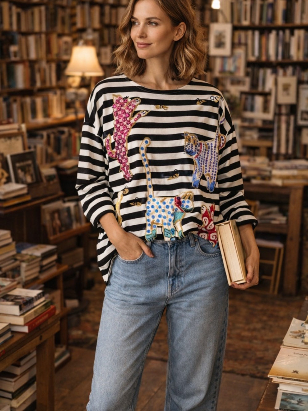 Accessory Lady Beaded Cat Top Striped Oversized Shirt Whimsical Sequin Cats L